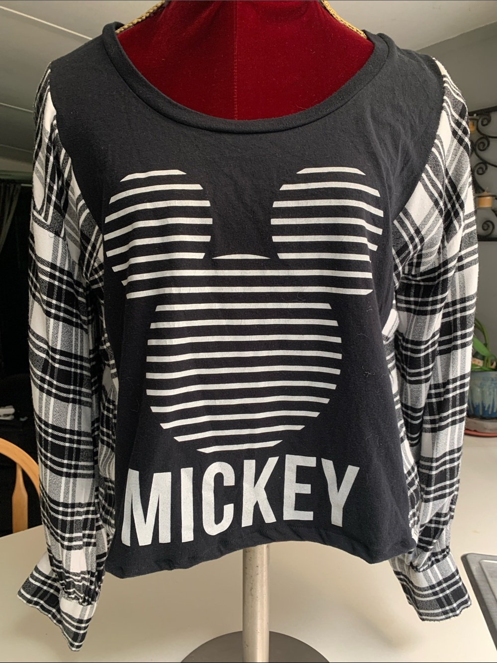 Upcycled Mickey Graphic Tee with Matching Plaid Sleeves